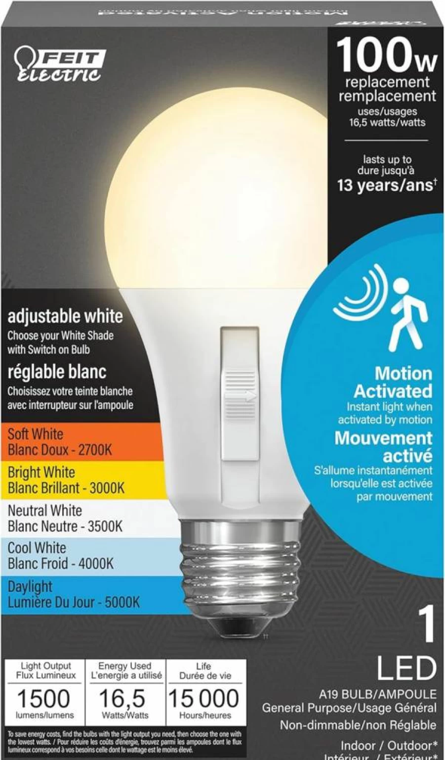 Feit Electric A19 LED Motion Sensor Light Bulb, 60W Equivalent, 800 Lumens, Adjustable White (5 CCT), 90 CRI, E26 Base, 15-Year Lifespan, Non-Dimmable