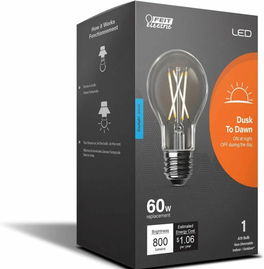 Feit Electric A19 LED Bulb with Dusk to Dawn Sensor - 60W Equivalent, 800 Lumen, 5000K Daylight, E26 Base, 15 Year Lifespan