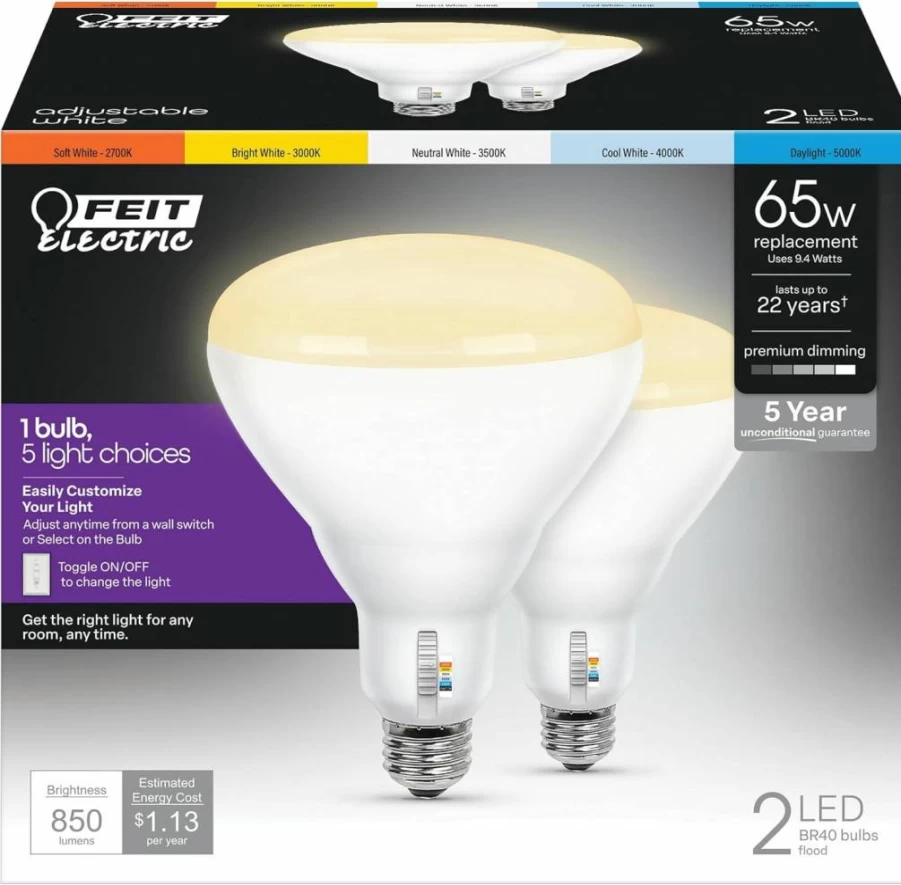 Feit Electric BR30 LED Bulb 100W Equivalent Dimmable 5-Color Adjustable White 1400 Lumens 90+ CRI Flood Light 25000-Hour Lifespan 2-Pack for Track & General Lighting