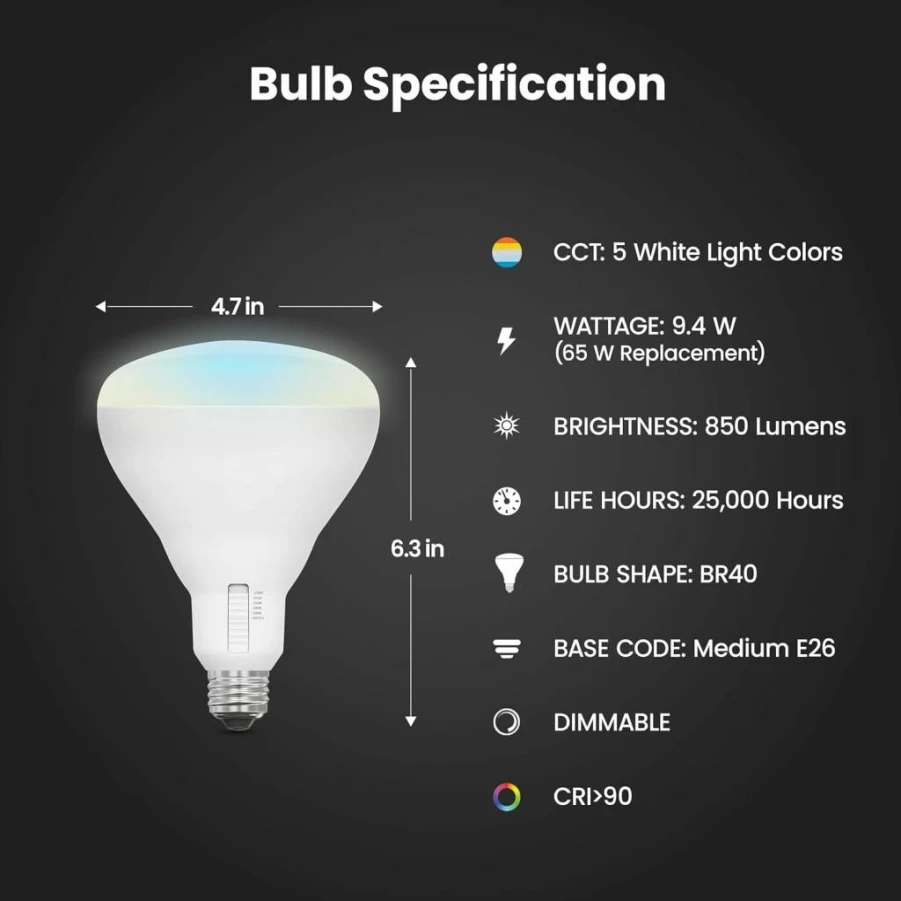 Feit Electric BR30 LED Bulb 100W Equivalent Dimmable 5-Color Adjustable White 1400 Lumens 90+ CRI Flood Light 25000-Hour Lifespan 2-Pack for Track & General Lighting