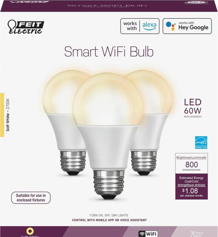 Feit Electric Smart LED Bulb 3 Pack - RGB Color Changing, Tunable White, WiFi 2.4Ghz, Alexa & Google Compatible, Dimmable 9W (60W Equivalent), No Hub Required, OM60/RGBW/CA/AG/3