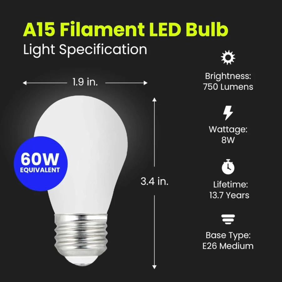 Feit Electric A15 LED Filament Bulb 60W Equivalent Dimmable E26 Base 5000K Daylight 750 Lumens Vintage Edison Light Bulb 12 Pack 13-Year Lifetime