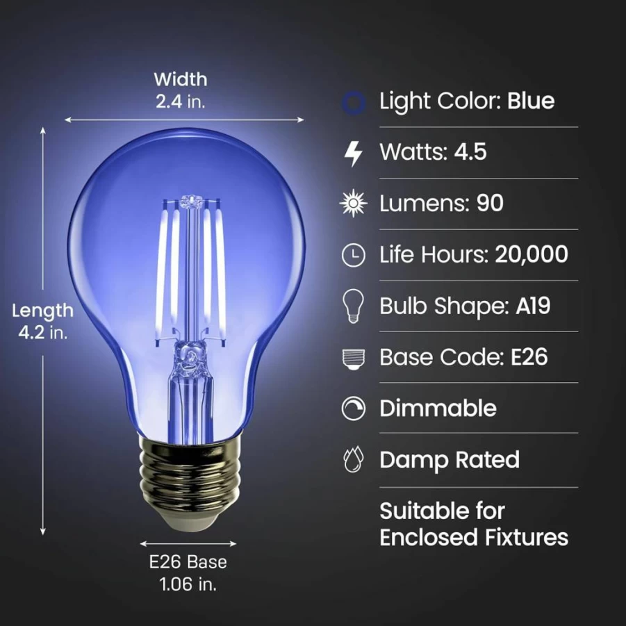 Feit Electric 6-Pack Blue Dimmable LED Filament Light Bulbs, A19 Shape, 25W Equivalent, Clear Glass, 2.4" Diameter x 4" Height