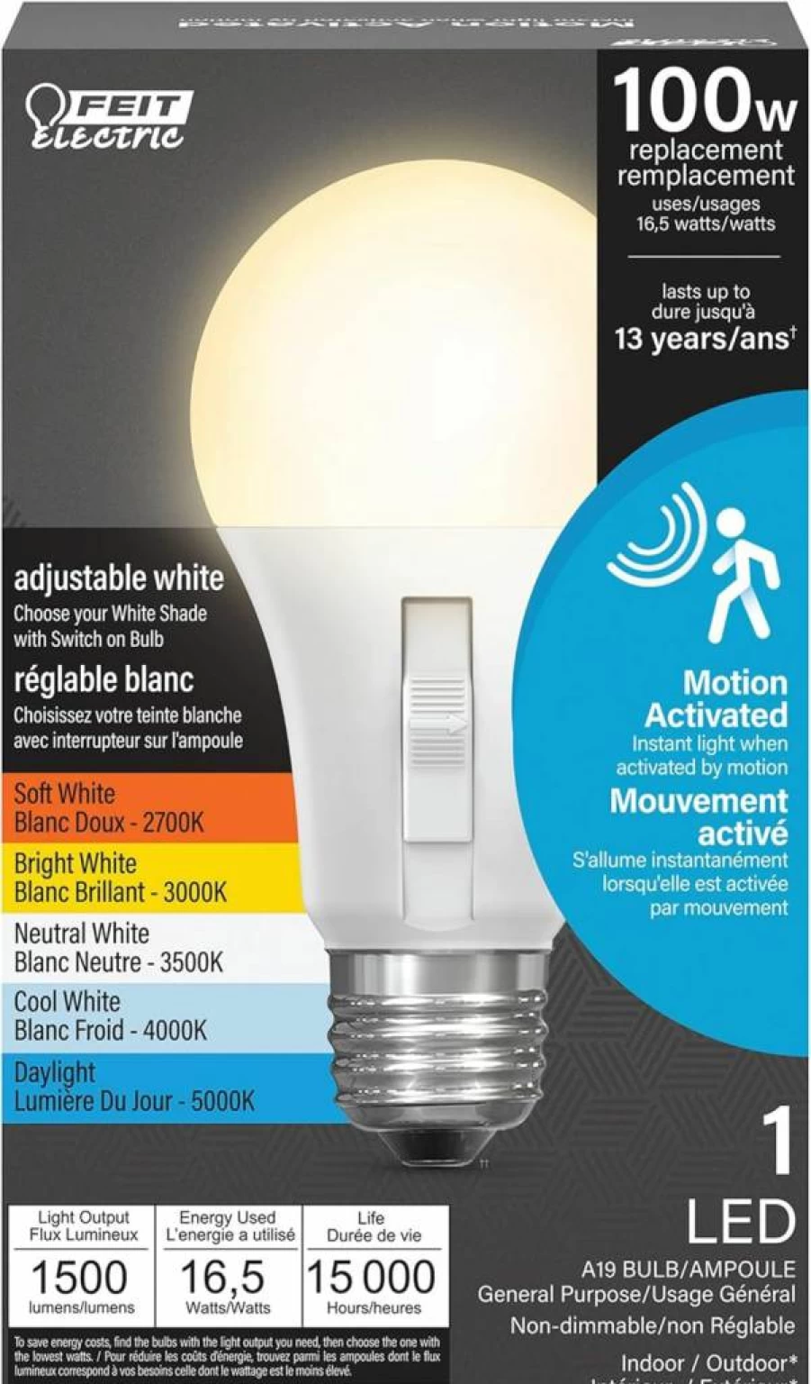 Feit Electric A21 LED Light Bulb 100W Equivalent, 1500 Lumens, Adjustable White (5 CCT), 90 CRI, E26 Base, Non-Dimmable, 15-Year Lifespan, Dusk to Dawn Sensor