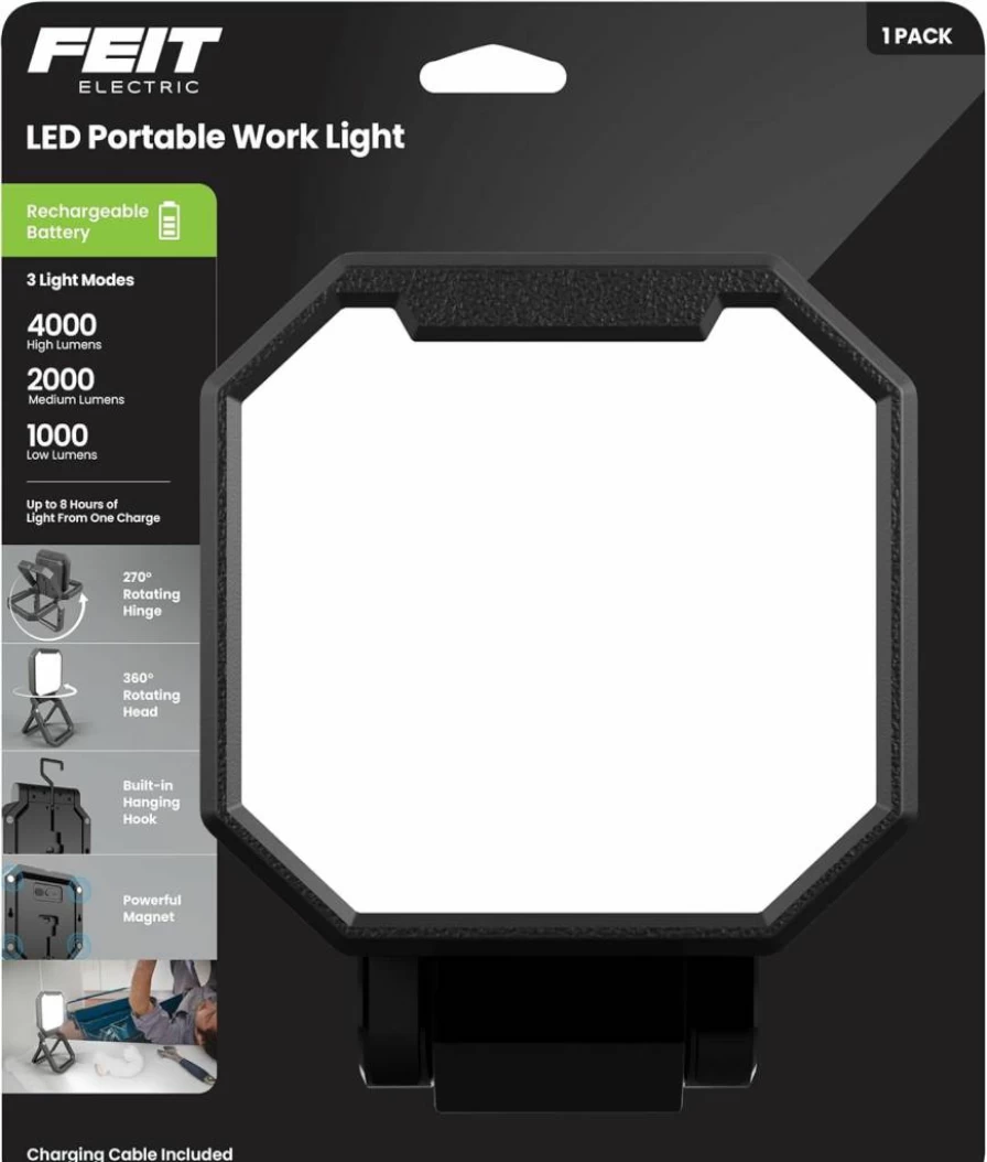 Feit Electric Work4000/Fold/Bat Portable LED Work Light with 360 Rotating Head, 3 Modes (4000/2000/1000 Lumens), Adjustable Workshop Light for Garage, 25K Hours Lifespan