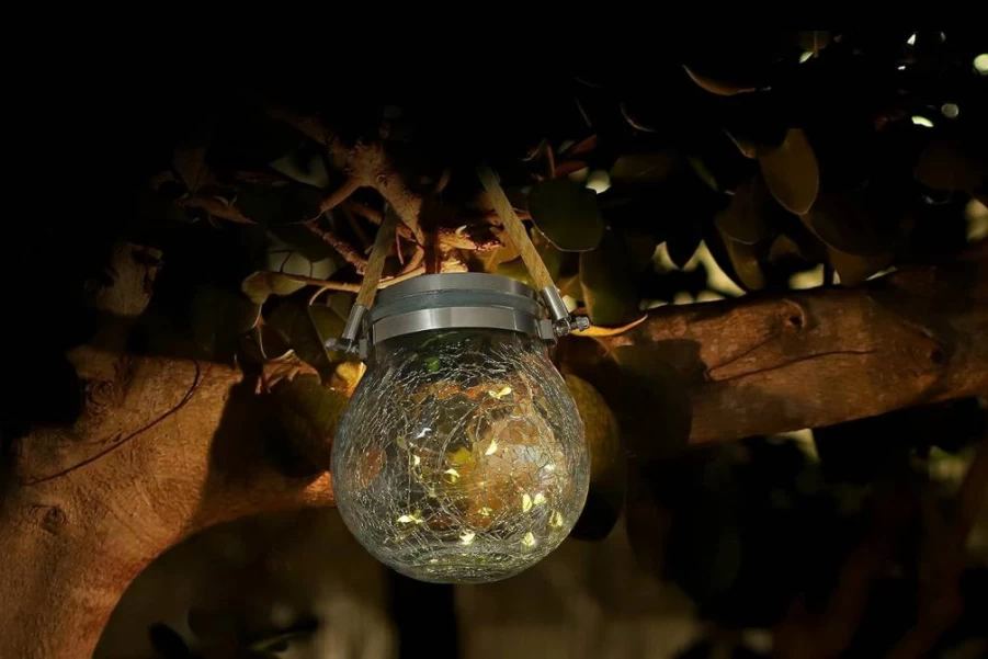 Feit Electric 5 Inch Solar LED Fairy Jar with Crackled Glass - Twinkle On/Off Function for Outdoor Decor