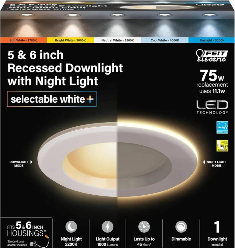 Feit Electric 4" LED Recessed Downlight 4-Pack - Dimmable, 5CCT Selectable White, 90 CRI, 850 Lumens, Night Light Mode, 45-Year Lifetime, Canless Design with Integrated J-Box