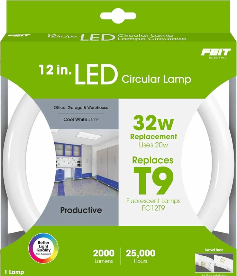 Feit Electric FC12/840/LED 32W Equivalent 20W Non-Dimmable 2000 Lumens T9 4-Pin G10Q Base Cool White 4100K 12-Inch Circular Fluorescent Replacement Light Bulb