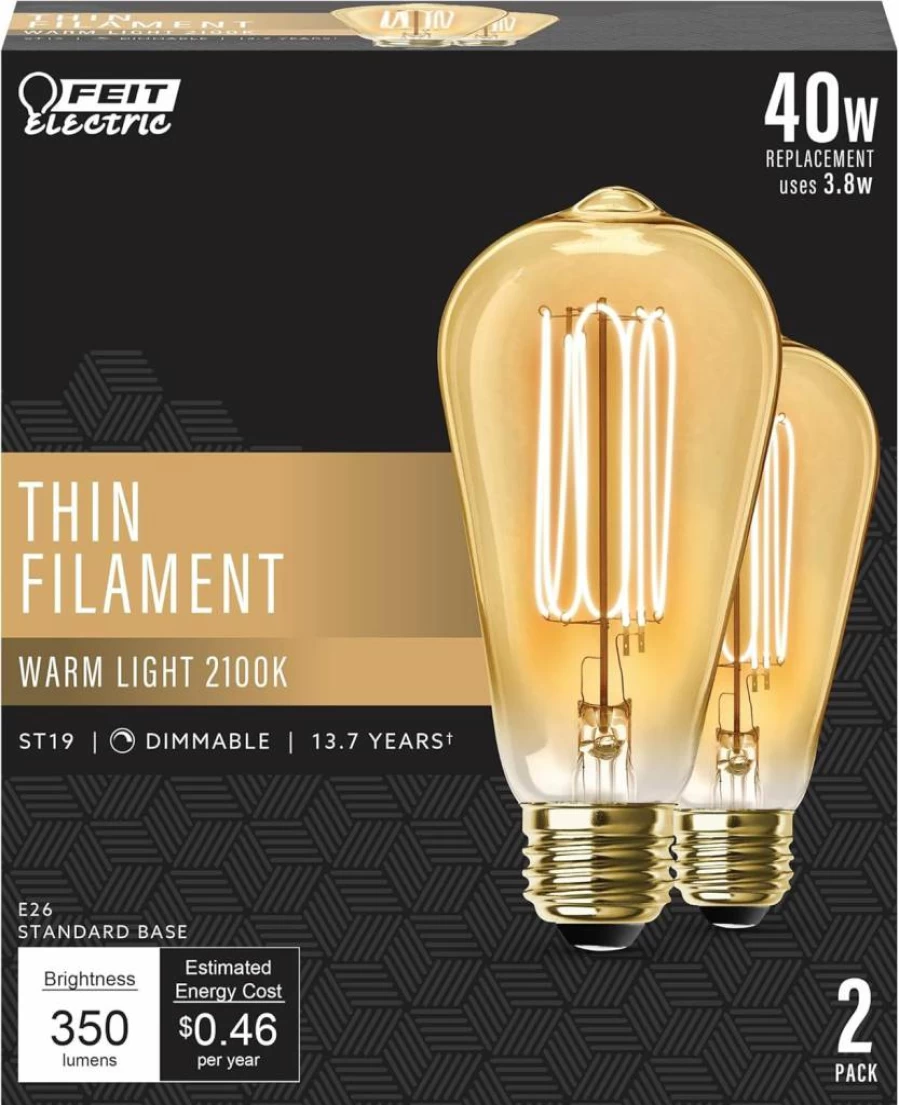 Feit Electric ST19 Vintage LED Bulb 40W Equivalent Dimmable 2700K Soft White E26 Base Clear Glass Filament 15000 Hours 2-Pack