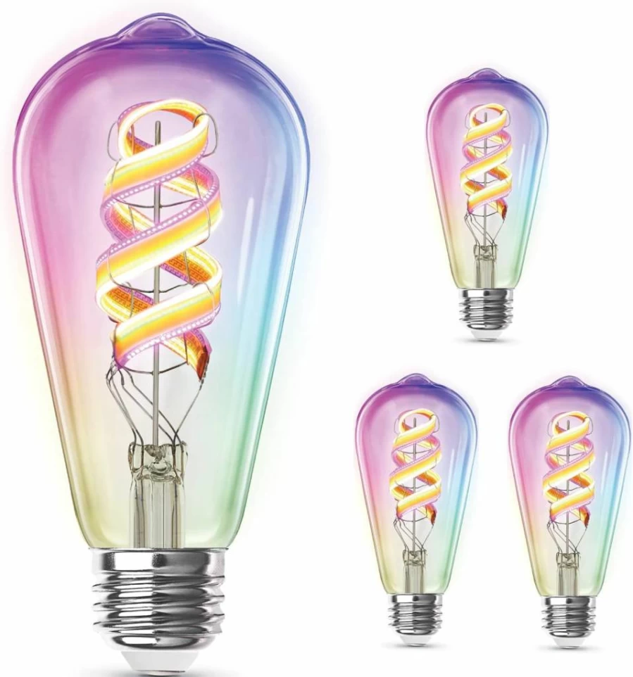 Feit Electric ST2160 Smart LED Bulb 4-Pack, RGBW Color Changing, Dimmable, Wi-Fi 2.4GHz, Works with Alexa & Google Home, App Controlled, Spiral Filament Edison Style, 60W Equivalent