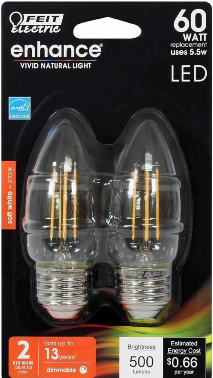 Feit Electric BPETC60 60W Equivalent LED Light Bulb, 927CA Filament, 3.5 Inches Height, 1.7 Inches Diameter, 2-Pack, Energy Efficient, Dimmable