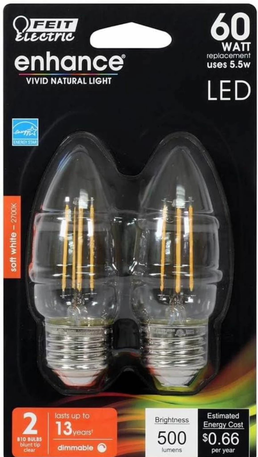 Feit Electric BPETC60 60W Equivalent LED Light Bulb, 927CA Filament, 3.5 Inches Height, 1.7 Inches Diameter, 2-Pack, Energy Efficient, Dimmable