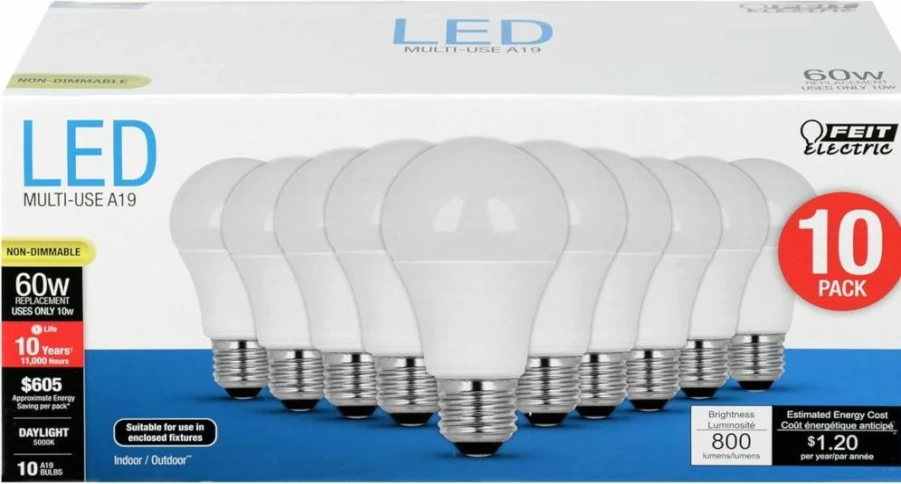Feit Electric A19 LED Light Bulbs 10 Pack, 60W Equivalent, 800 Lumens, 3000K Warm White, Non-Dimmable, E26 Base, Energy Efficient, 10 Year Lifetime