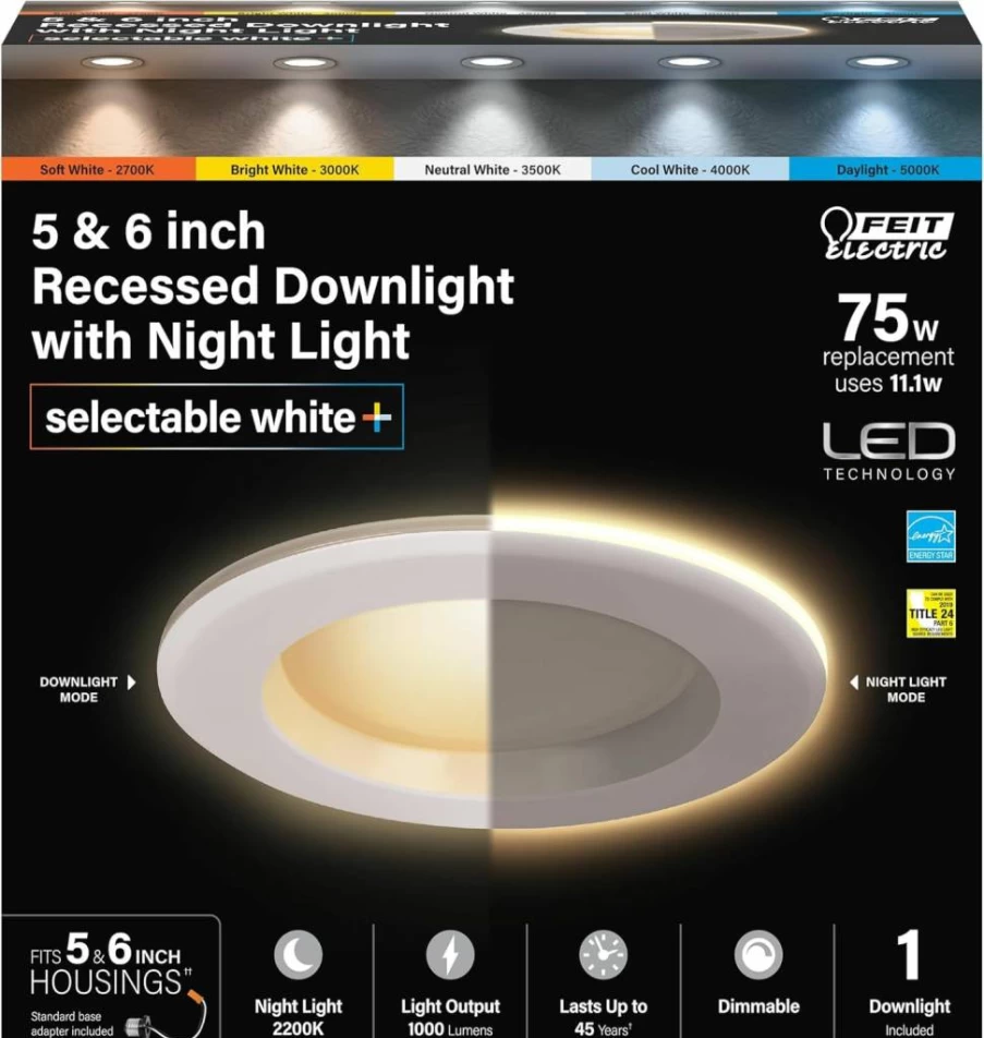 Feit Electric 6" LED Recessed Downlight 4 Pack - Dimmable, 5CCT Selectable White, 90 CRI, 1200 Lumens, Night Light Mode, Integrated J-Box, 45 Year Lifetime