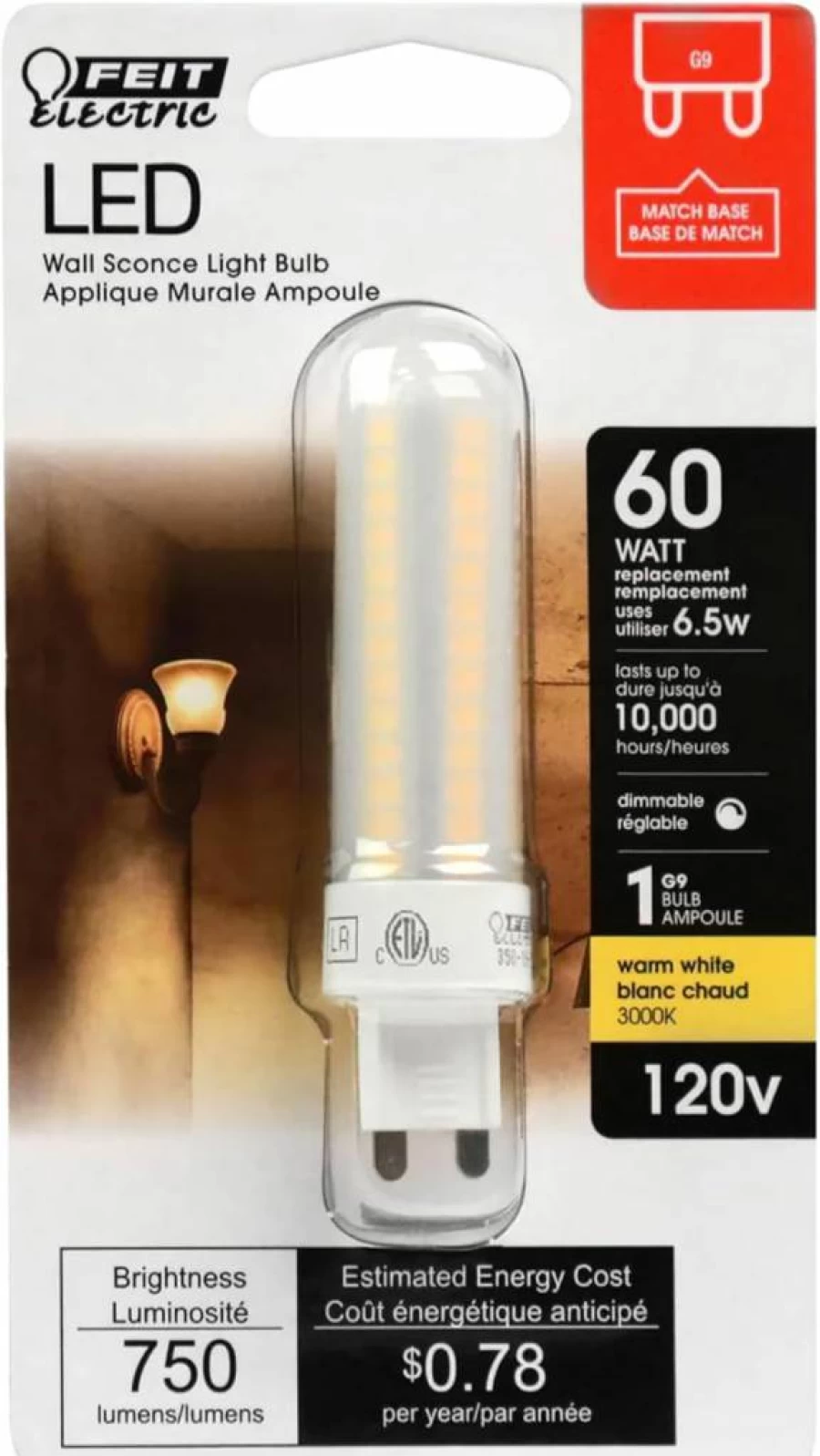 Feit Electric G9 LED Bulb 60W Equivalent Dimmable 3000K Warm White 740 Lumens 10K Hours Vanity Light 120V Bp60G9/830/Led
