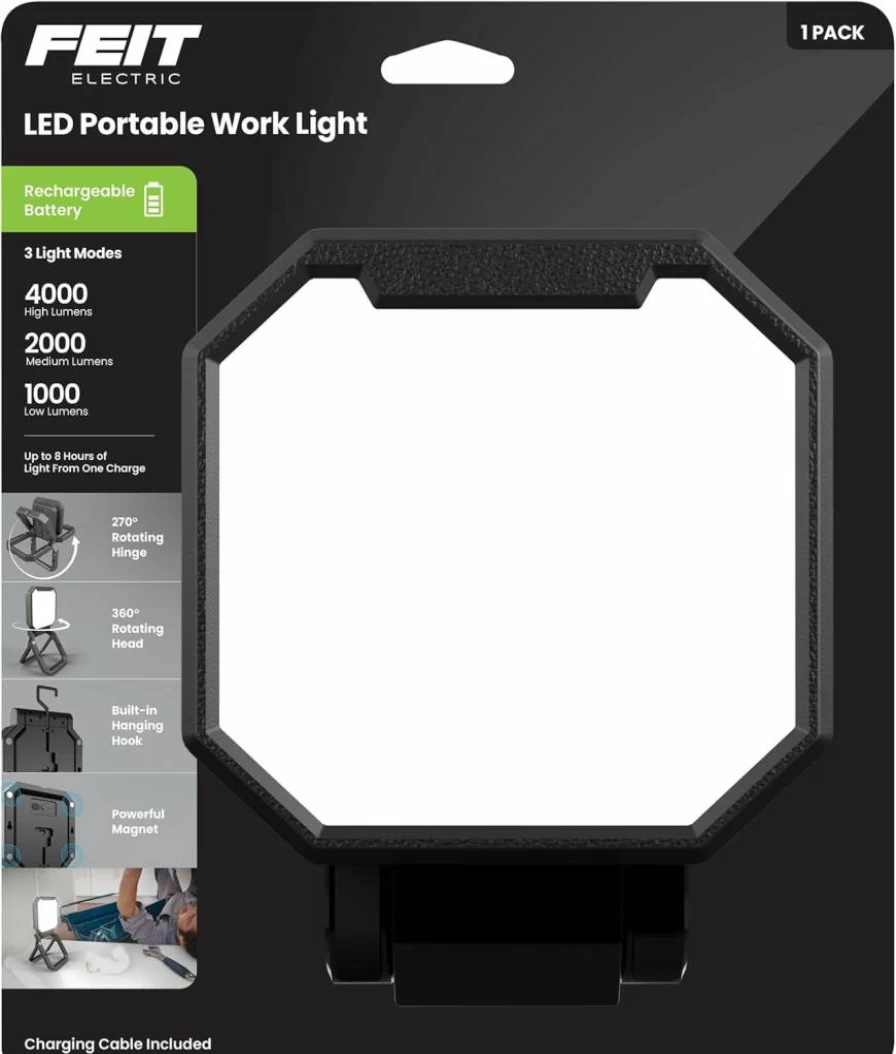 Feit Electric LED Work Light 2000 Lumens, 360 Rotating Head, 3 Adjustable Modes, Portable Workshop Light for Garage, 25K Hour Lifespan, Battery Powered Work2000/Fold/Bat