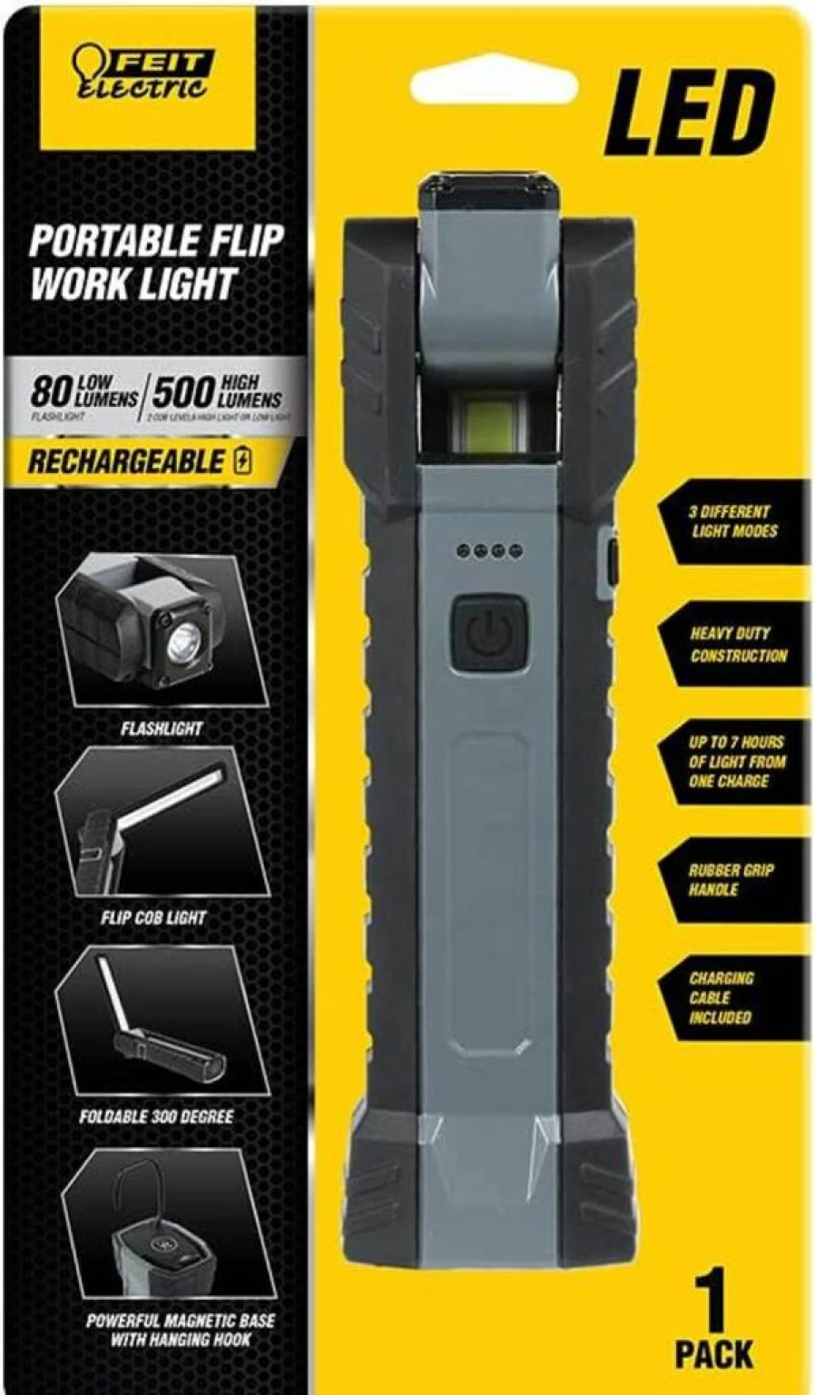 Feit Electric Work500Bat Rechargeable LED Work Light - 500 Lumens, Magnetic Base, Foldable Design, Ultra Bright Handheld Flashlight for Professionals