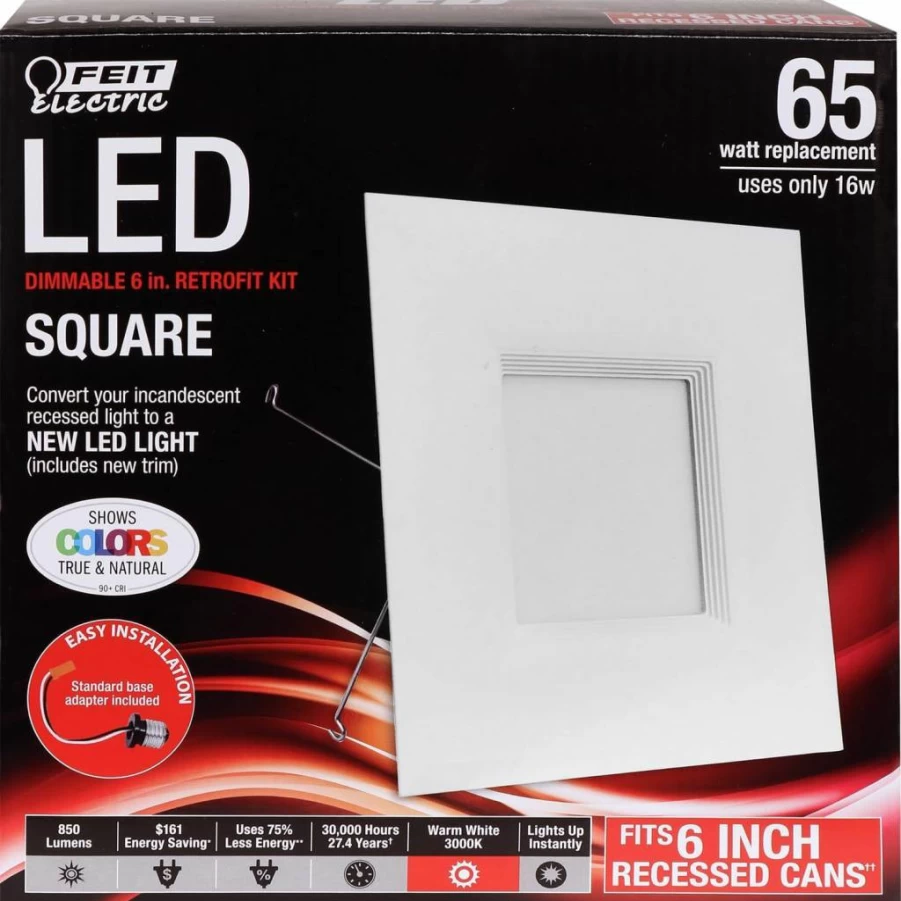 Feit Electric 6 Inch LED Recessed Square Panel Light, Dimmable 3000K Warm White, 65W Equivalent, 850 Lumens, 90+ CRI, 30,000-Hour Lifespan, Retrofit Kit with Pre-Mounted Trim (LEDRSQ6/930)