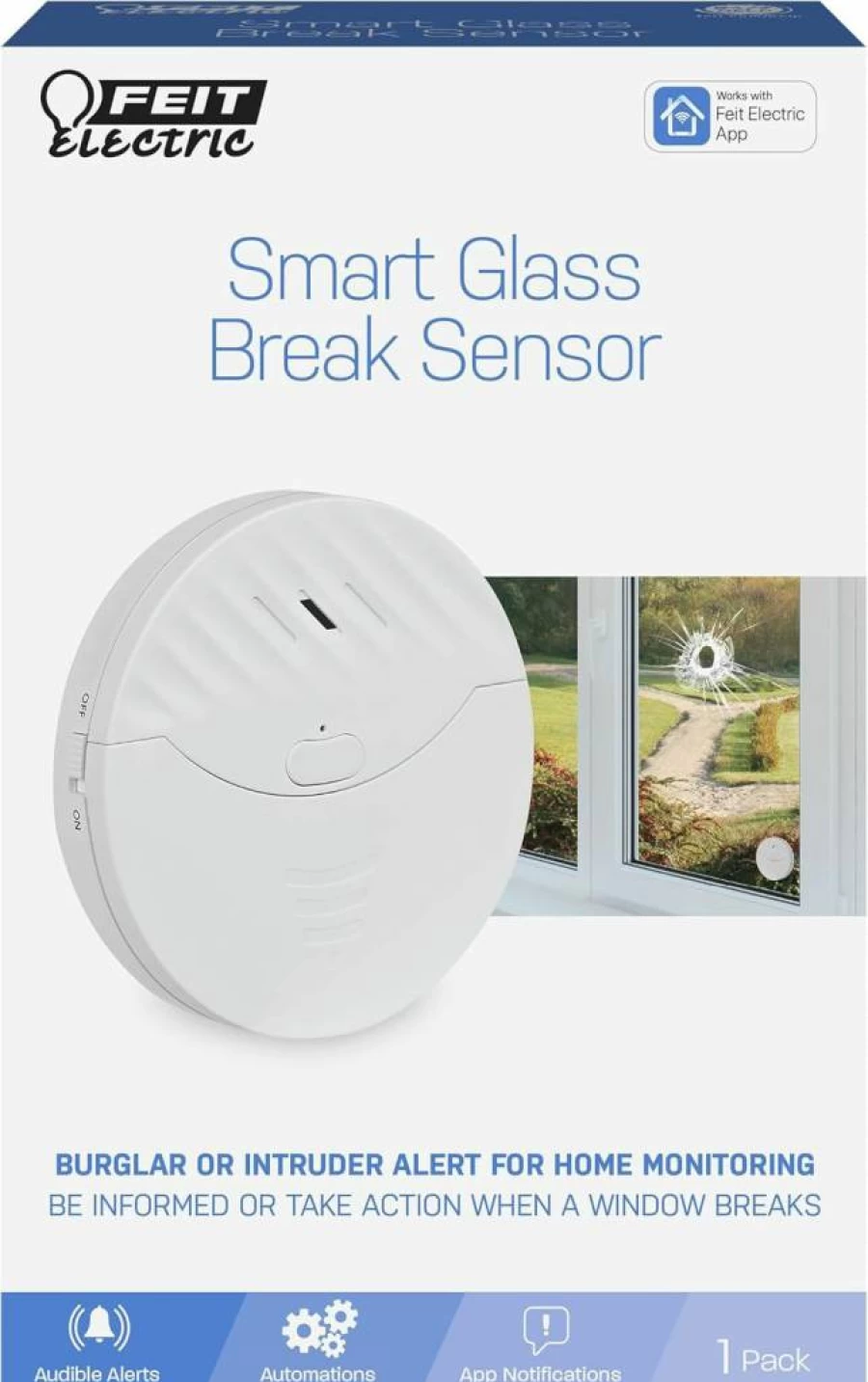 Feit Electric Smart Wi-Fi Glass Break Sensor with Alarm, Wireless Home Security, Mobile App Alerts, Battery-Powered, No Hub Needed, Indoor Use