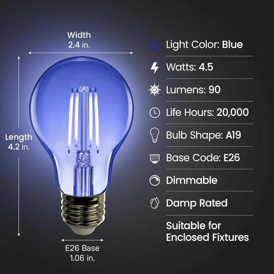Feit Electric 6-Pack Purple Dimmable LED Filament Light Bulbs, A19 Shape, 25W Equivalent, Clear Glass, 2.3" Diameter x 4" Height