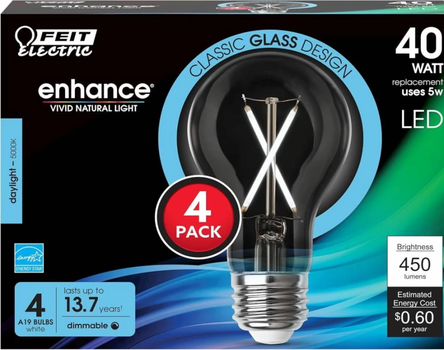 Feit Electric A19 LED Light Bulb 4-Pack - 40W Equivalent, 450 Lumens, 5000K Daylight, Dimmable, 15-Year Lifespan - Medium Base E26 Bulbs