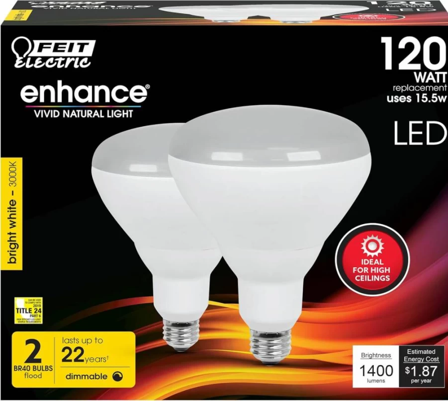 Feit Electric BR40 LED Bulbs 120W Equivalent Dimmable 1400 Lumens 3000K Bright White E26 Medium Base 90 CRI Damp Rated Frosted 22.8 Years Lifetime 2-Pack