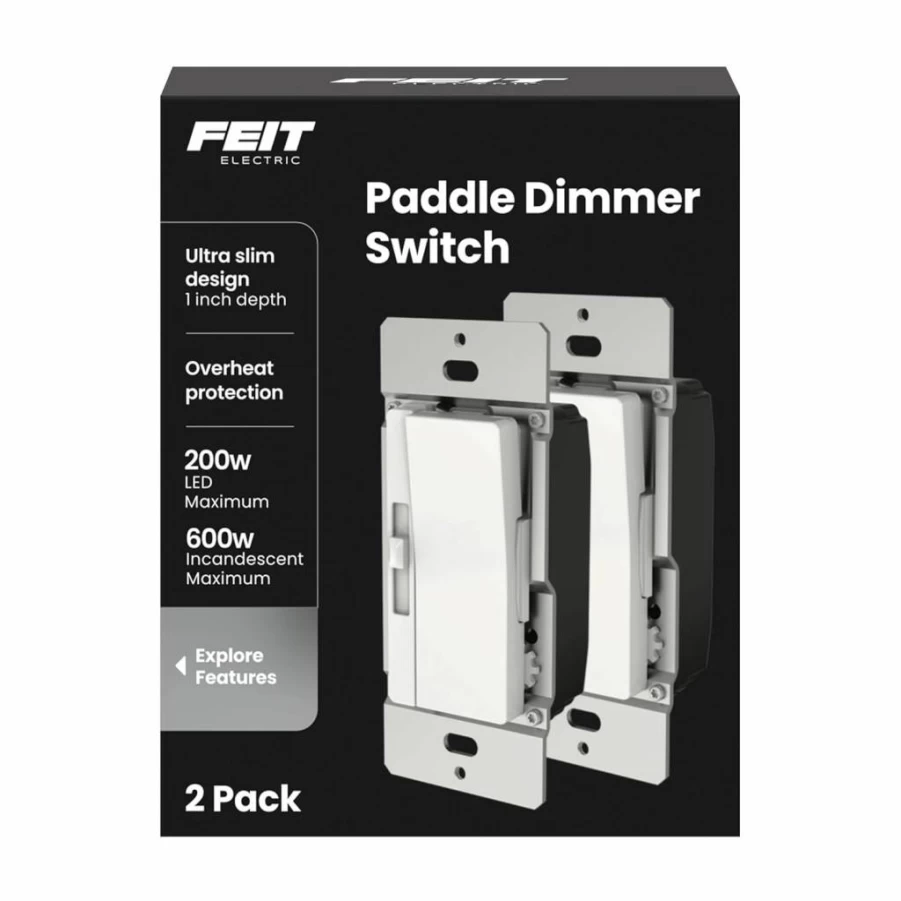 Feit Electric 2-Pack Dimmer Switch for Dimmable LED Bulbs - Single Pole/3-Way Toggle Light Switch with Wall Plate & Wire Nuts, Easy Paddle Installation
