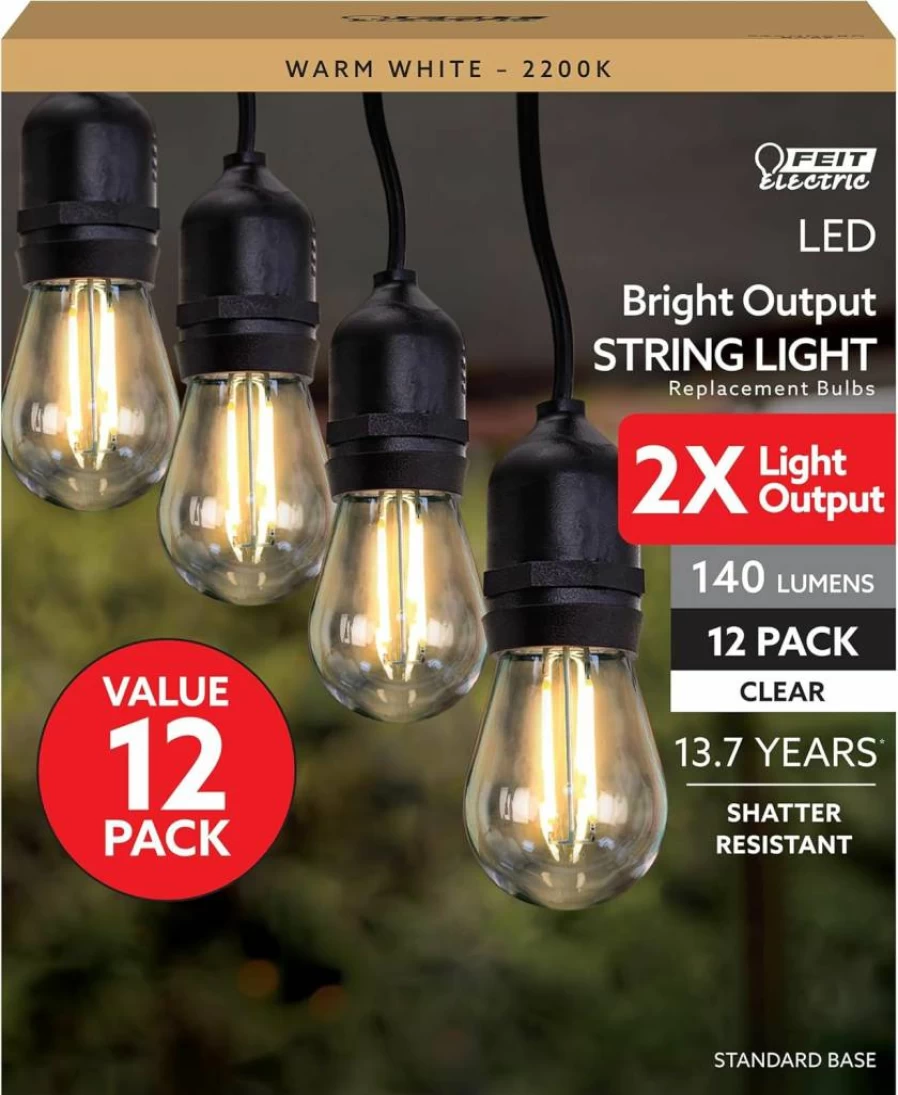 Feit Electric S14 LED Filament Bulbs 2200K Warm White 140 Lumens 15,000-Hour Lifespan Clear Durable String Light Replacement (Pack of 1)