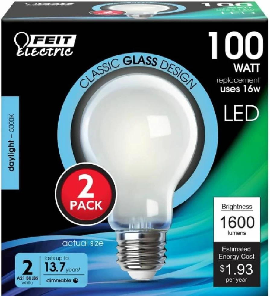 Feit Electric A19 LED Bulbs 2 Pack, 100W Equivalent Dimmable, 5000K Daylight, 1600 Lumens, E26 Base, 90 CRI, 17,000 Hours Lifetime, Energy Efficient Light Bulbs for Home & Office