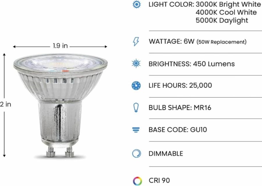 Feit Electric GU10 LED Bulb 3-Pack, 50W Equivalent, Dimmable, 450 Lumens, 90+ CRI, Adjustable Color Temperature, 25,000-Hour Lifespan, Track Lighting, BPMR16GU10503CCTCA