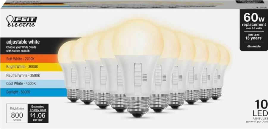 Feit Electric A19 LED Light Bulb 6 Pack, 100W Equivalent, 1500 Lumens, Non-Dimmable, Selectable Color Temperature 2700K-5000K, 17000 Hours Lifetime, General Purpose Bulbs