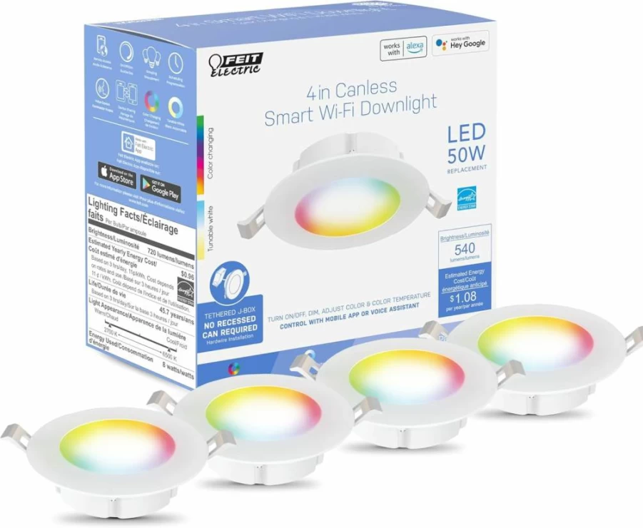 Feit Electric 4" Smart LED Recessed Downlight 4-Pack, WiFi Enabled, Dimmable, Color Changing, Works with Alexa & Google Assistant, 50W Equivalent, 540 Lumens, High CRI 90