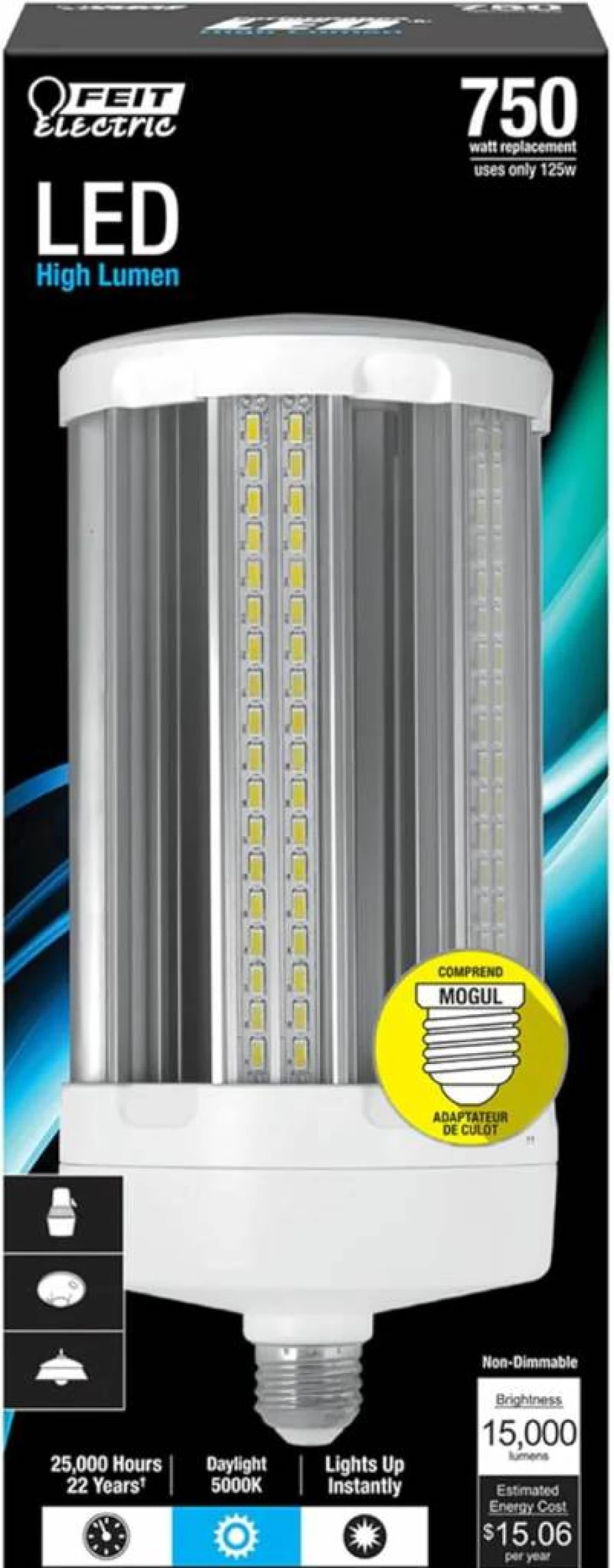 Feit Electric 15000 Lumen LED Corn Cob Light Bulb - 750W Equivalent, 125W, 5000K Daylight, Non-Dimmable, High Bright Yard Light, 11.1" Height x 5.75" Diameter