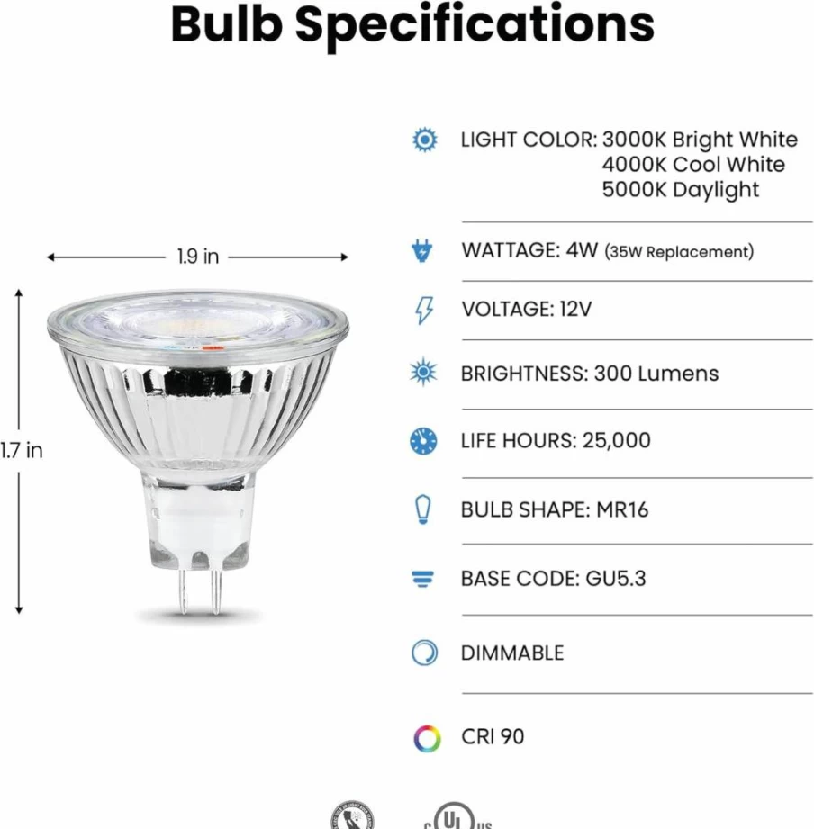 Feit Electric MR16 LED Bulb 20W Equivalent Dimmable GU5.3 Base 90+ CRI 200 Lumen Adjustable Color Temperature 25K Hours 18-Pack Track Lighting