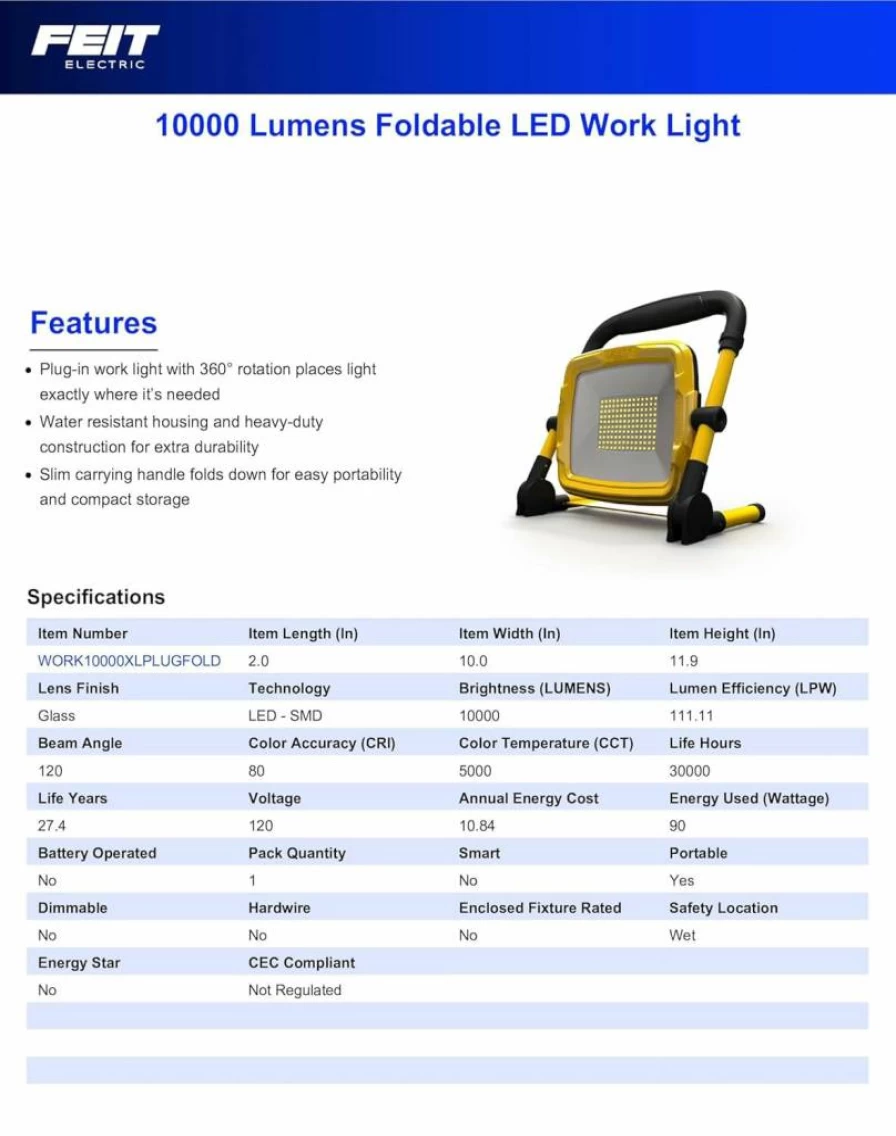 Feit Electric Plug-In LED Work Light - 1000 Lumens, 5000K Daylight, 360° Rotation, Water & Dust Resistant, 25K Hour Lifespan, Heavy-Duty Cord