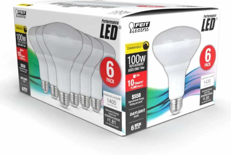 Feit Electric BR30 LED Bulbs 100W Equivalent Dimmable 5000K Daylight 1400 Lumens E26 Base 10-Year Lifetime Damp Rated 6-Pack (100BR30DM85010KLED/6)