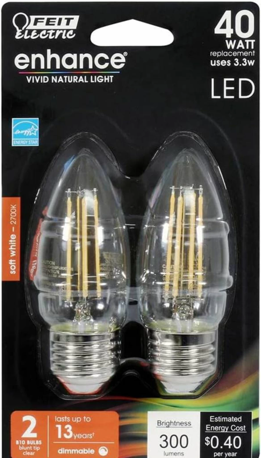 Feit Electric 40W Equivalent LED Light Bulb E26 Base, 2700K Soft White, 2-Pack, Energy Efficient, Non-Dimmable
