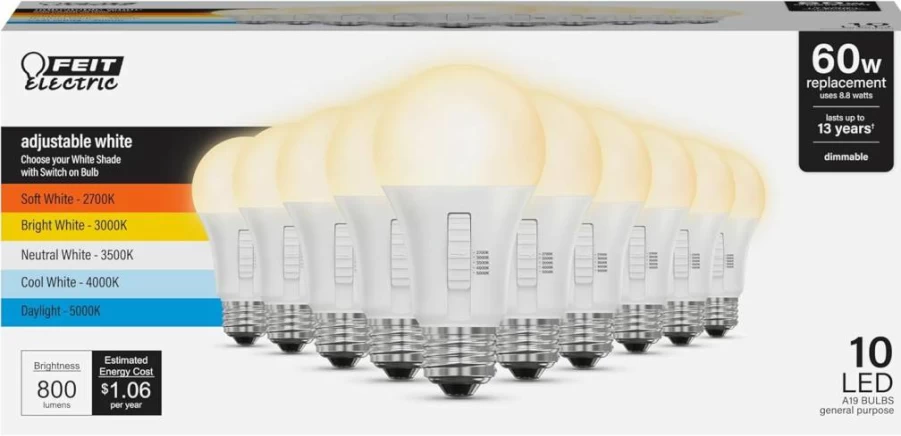 Feit Electric A19 LED Light Bulb 10 Pack - 60W Equivalent, Dimmable, Adjustable Color Temperature (2700K-5000K), 800 Lumens, 15,000 Hours Lifespan, Energy Efficient Omni-Directional Bulbs for Home & Office
