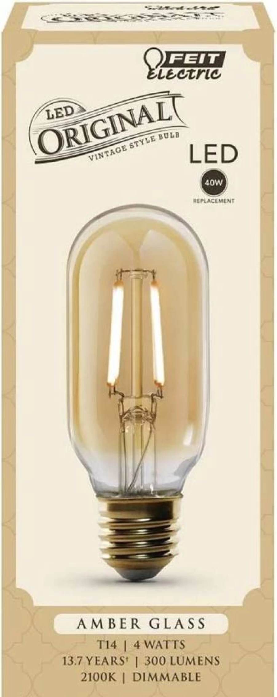 Feit Electric Vintage LED Bulb - Amber Glass, E26 Base - 40W Equivalent, 300 Lumen, 2100K Soft White, Dimmable - 10 Year Life - Exposed Filament Design