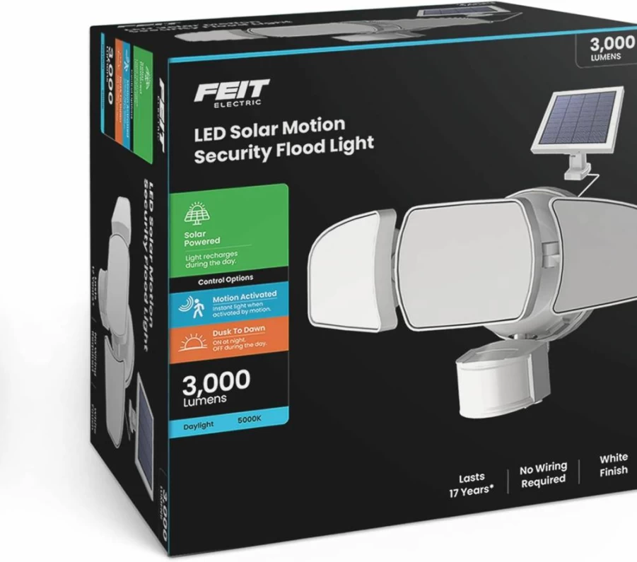 Feit Electric 46W LED Security Flood Light with Motion Sensor, Dusk to Dawn, 5000 Lumens, 5000K Daylight, Adjustable 3-Head, Wall Mount, Outdoor Hardwired Black S10.5Tfl/850/Mot/Bz