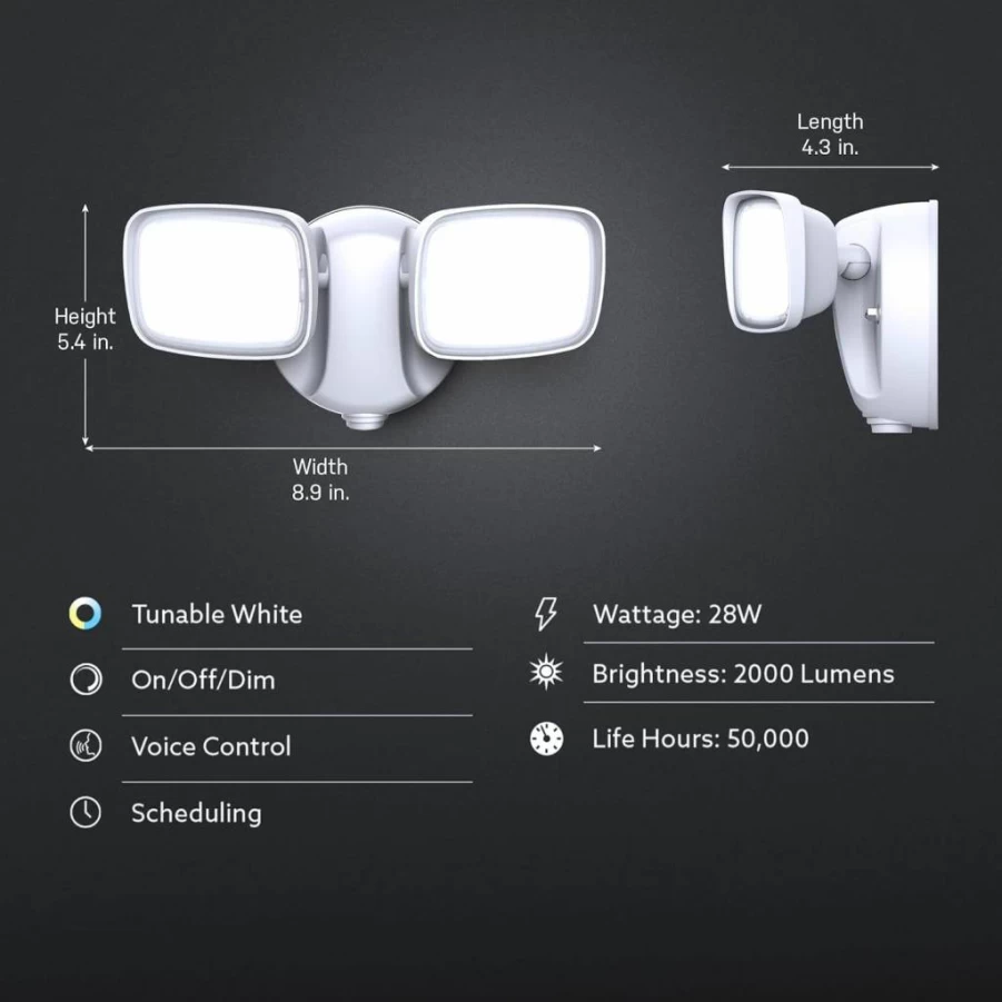 Feit Electric Smart Outdoor Flood Lights 28W LED WiFi Motion Sensor Security Light Dusk to Dawn Alexa Google Assistant Compatible Tunable White 2-Head Hardwired