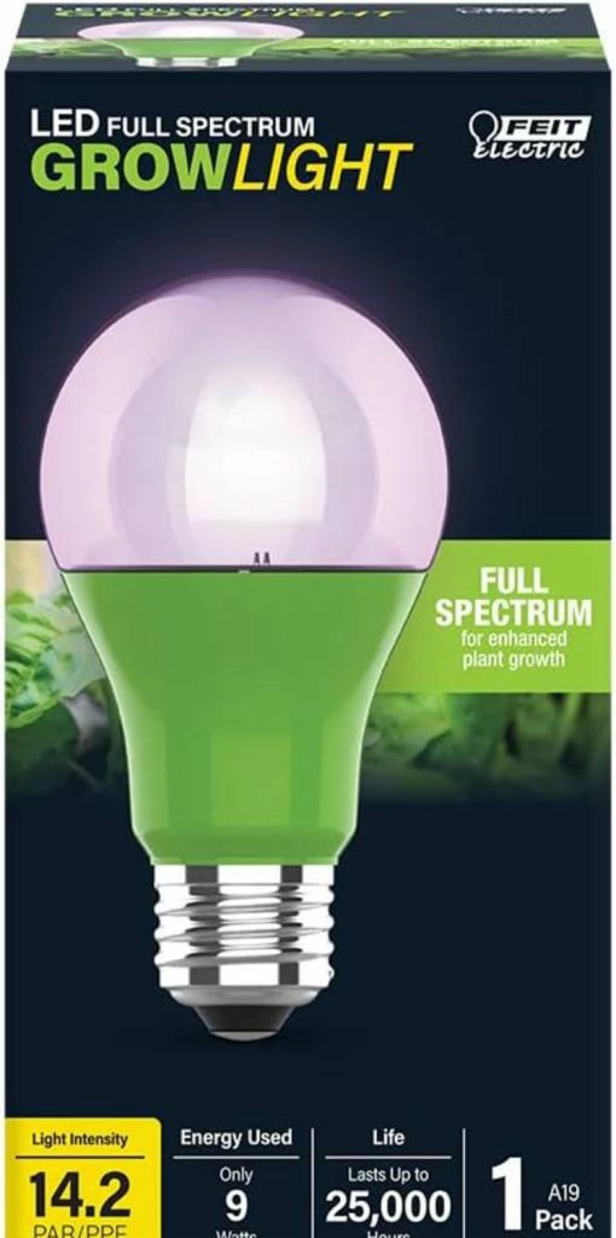 Feit Electric A19 LED Grow Light Bulb 60W Equivalent Full Spectrum for Hydroponics Non-Dimmable Green Plant Light