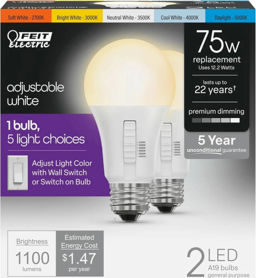 Feit Electric PAR38 LED Bulb 90W Equivalent Dimmable 6-Way Color Selectable 5000K 90 CRI Wet Rated Track Light E26 Base 1000 Lumens 22-Year Lifespan 2-Pack