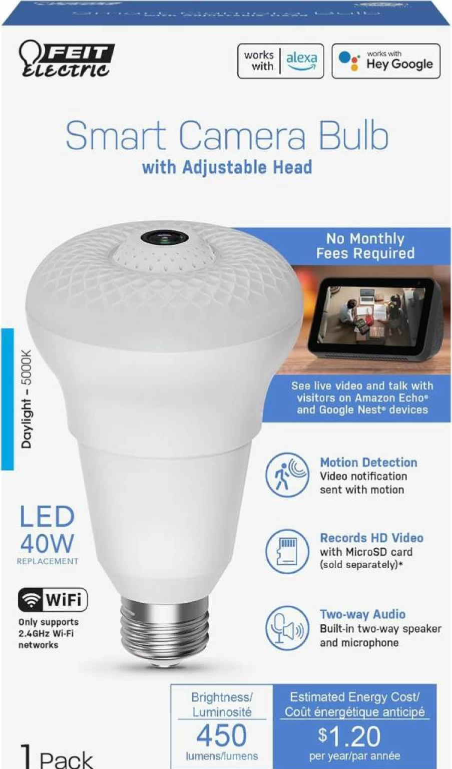 Feit Electric Smart Rotating LED Bulb with Wireless Security Camera, Motion Detection, Night Vision, 2-Way Audio, 5000K Daylight, E26 Base, 40W Equivalent, 15,000-Hour Lifespan
