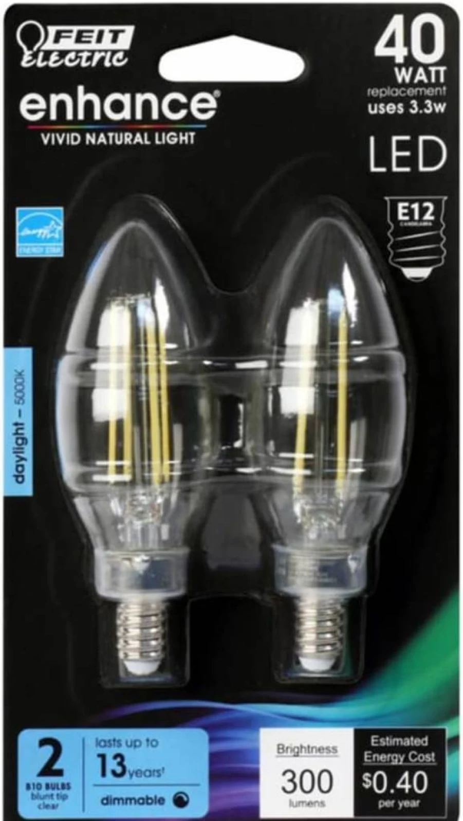 Feit Electric 40W Equivalent Candelabra LED Light Bulb, Dimmable, 2-Pack, BPCTC40950CAFIL/2/RP