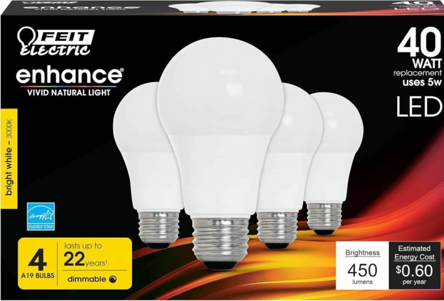 Feit Electric A19 LED Bulb 40W Equivalent Dimmable 450 Lumens E26 Base 3000K Bright White 90 CRI Damp Rated 22-Year Lifetime 24 Pack