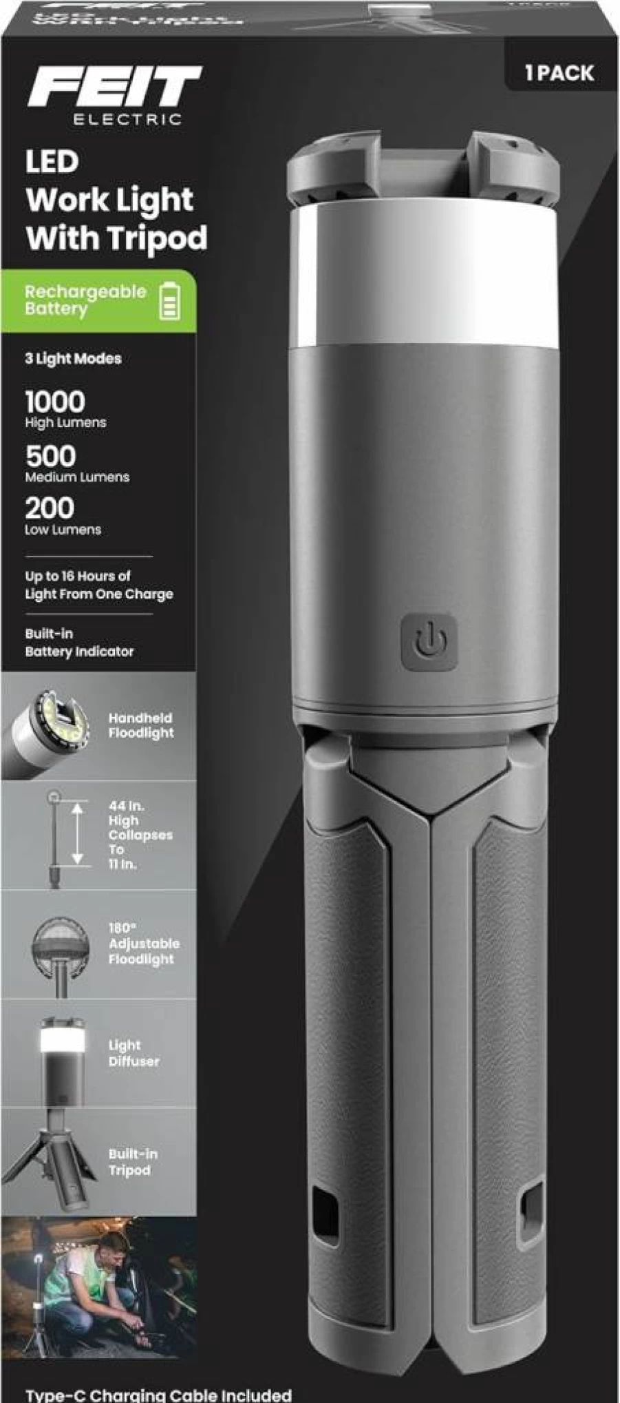 Feit Electric Rechargeable LED Work Light with Tripod Stand - 1000 Lumens, USB Type-C Charging, Adjustable Spotlight, Convertible to Handheld Lantern (Model Work1000/Tripod/Bat)