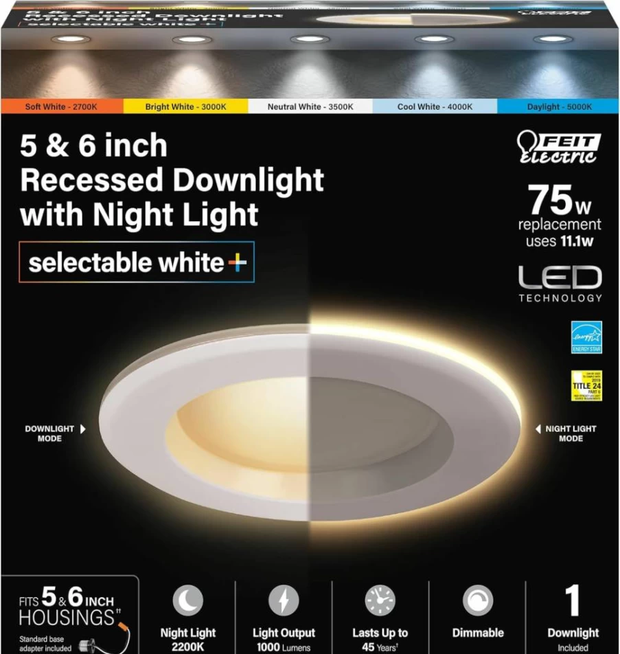 Feit Electric 4 Inch LED Recessed Downlight with Night Light, Dimmable, Selectable Color Temperature (5CCT), 90 CRI, 650 Lumens, 50W Equivalent, 45-Year Lifespan, 4-Pack
