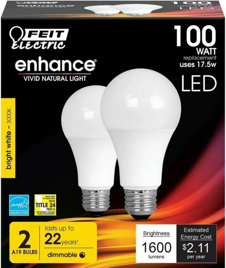 Feit Electric A19 LED Light Bulbs 100W Equivalent, 1600 Lumens, 3000K Bright White, Non-Dimmable, E26 Base, CRI 90, UL Listed, Damp Rated, 10-Year Lifetime, 6-Pack