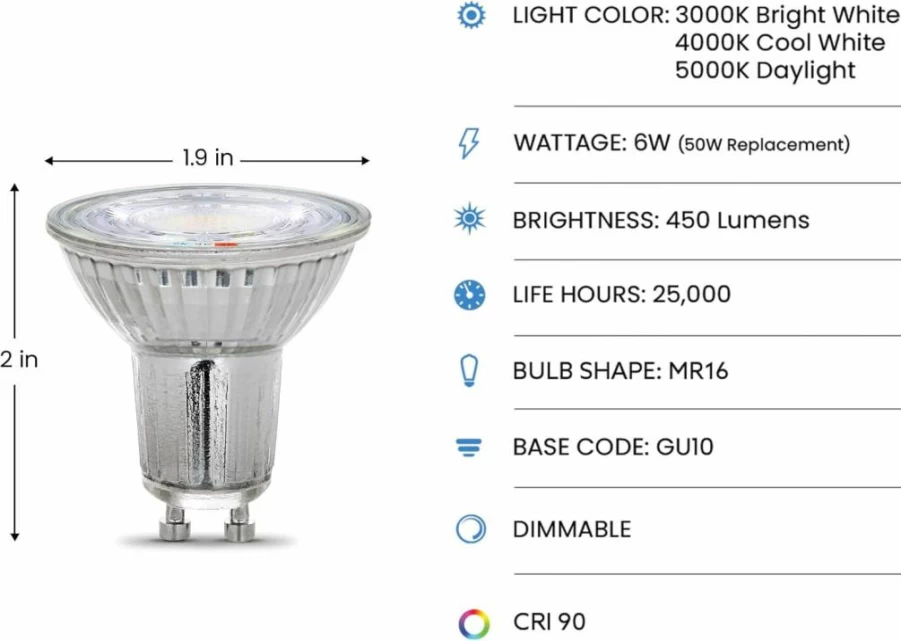 Feit Electric GU10 LED Bulb 3-Pack, 35W Equivalent, Dimmable, 300 Lumens, 90+ CRI, Adjustable Color Temperature, 25,000-Hour Lifespan, BPMR16GU10353CCTCA for Track Lighting